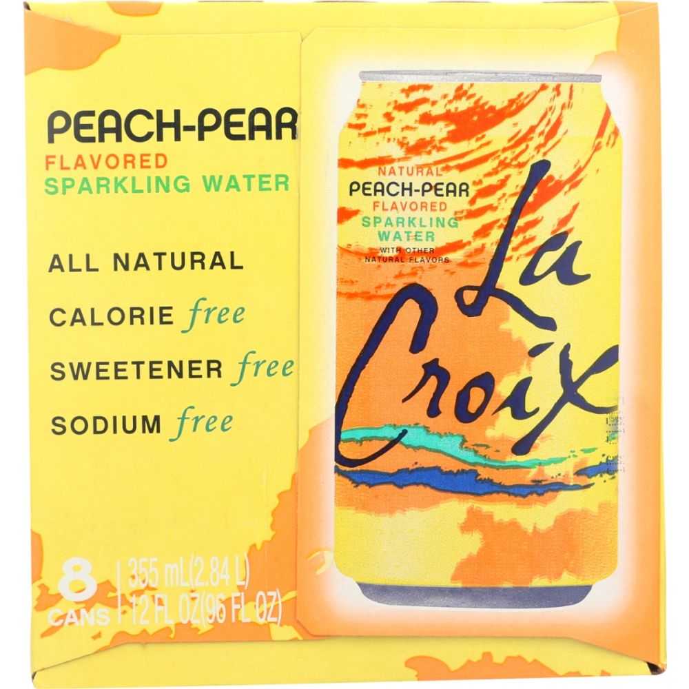 La Croix Peach-Pear sparkling water packaging with a can on a yellow background. LA CROIX: Peach Pear Sparkling Water 8Pk, 96 fl oz LA CROIX: Passion Fruit Sparkling Water 8 Pack, 96 oz - Contains No Sugar or Sweeteners, Zero Calories and Sodium-Free!