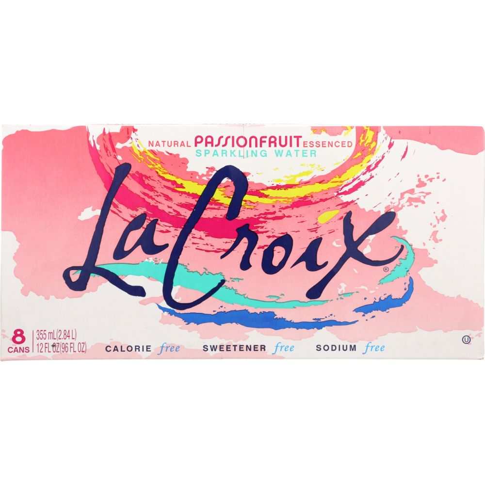 LaCroix passionfruit sparkling water packaging with colorful design on a white background. LA CROIX: Passion Fruit Sparkling Water 8 Pack, 96 oz Contains No Sugar or Sweeteners, Zero Calories and Sodium-Free!