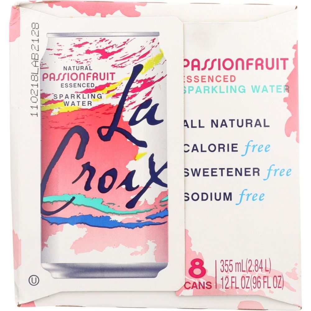 Packaging of La Croix Passionfruit sparkling water with colorful design. LA CROIX: Passion Fruit Sparkling Water 8 Pack, 96 oz Contains No Sugar or Sweeteners, Zero Calories and Sodium-Free!