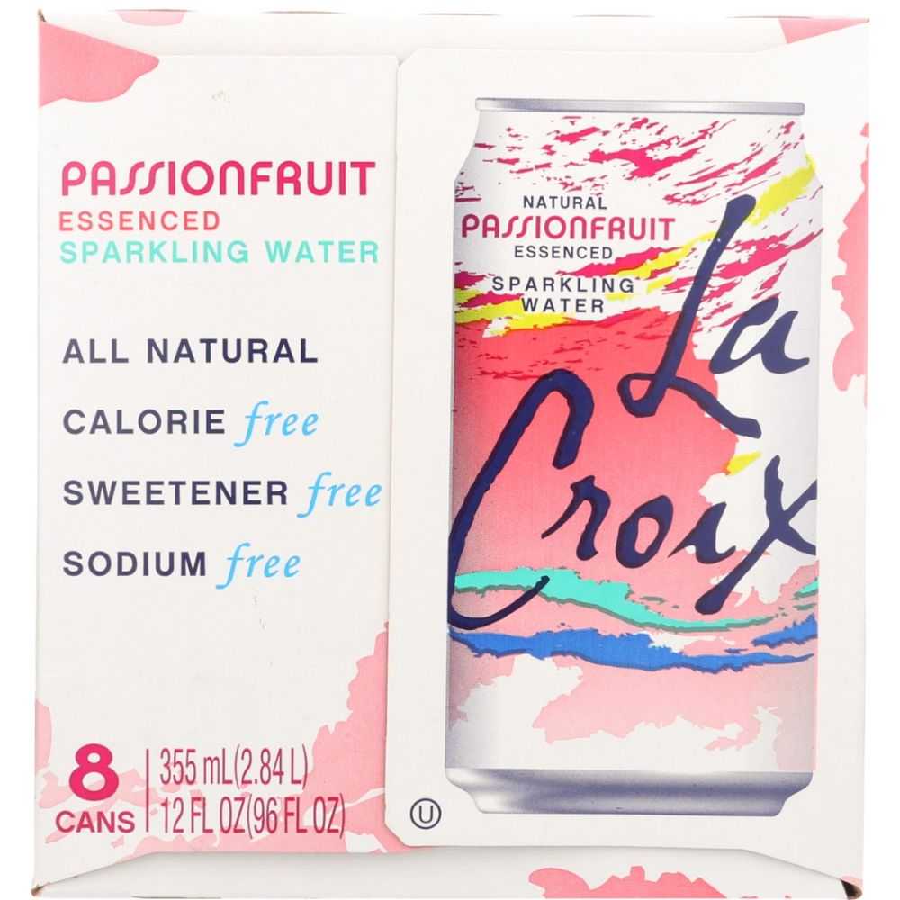 La Croix passionfruit sparkling water can and packaging on a white background. LA CROIX: Passion Fruit Sparkling Water 8 Pack, 96 oz Contains No Sugar or Sweeteners, Zero Calories and Sodium-Free!