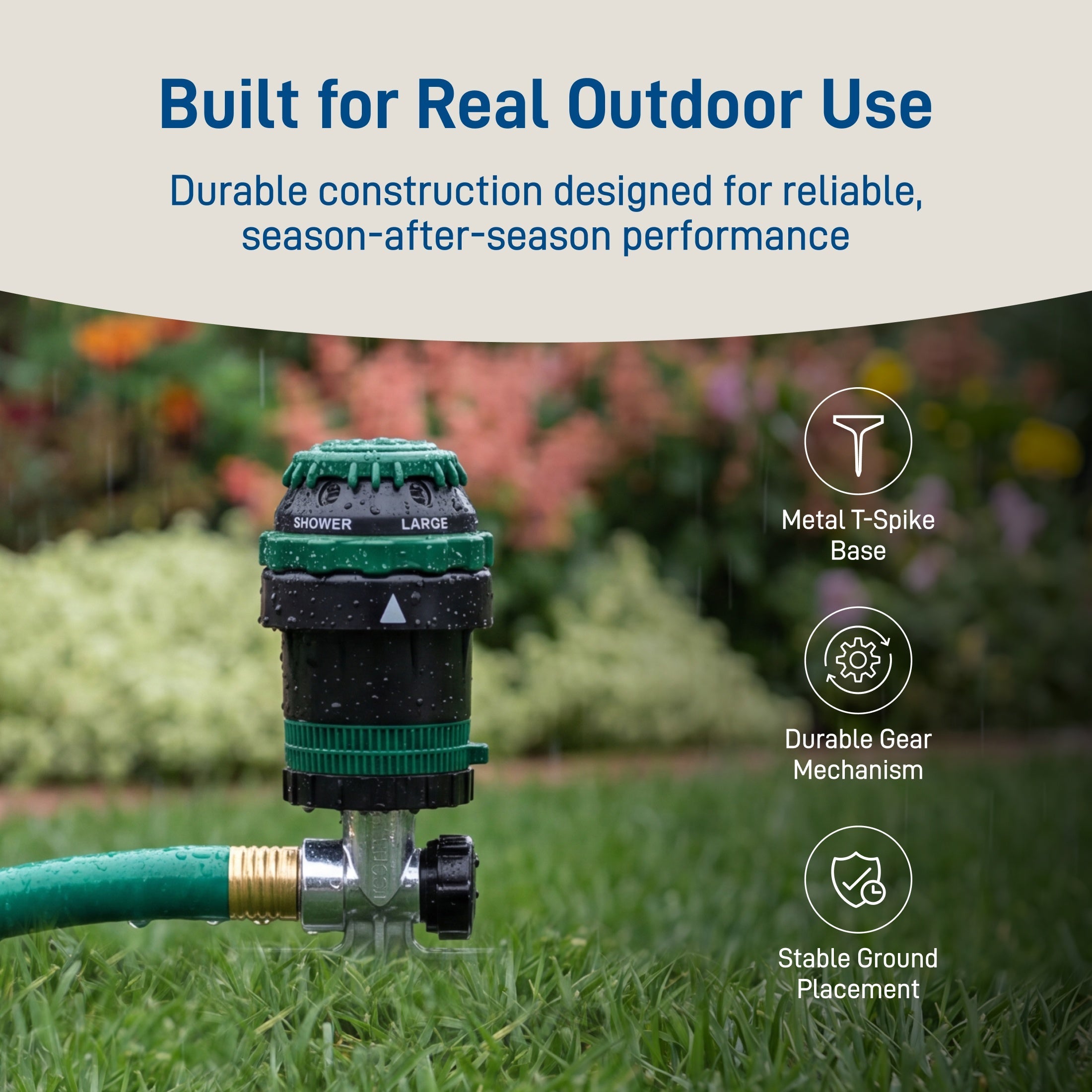 A green and black adjustable garden hose sprinkler nozzle mounted on a green hose on grass, with a blurred garden background and marketing text reading 'Built for Real Outdoor Use' plus feature icons for metal T-spike base, durable gear mechanism, and stable ground placement.