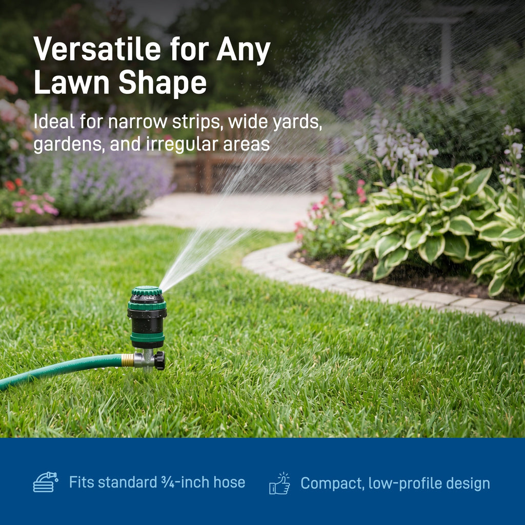 A green and black adjustable sprinkler nozzle spraying water on a green lawn, with a blue banner at the bottom and promotional text about versatile use for any lawn shape.