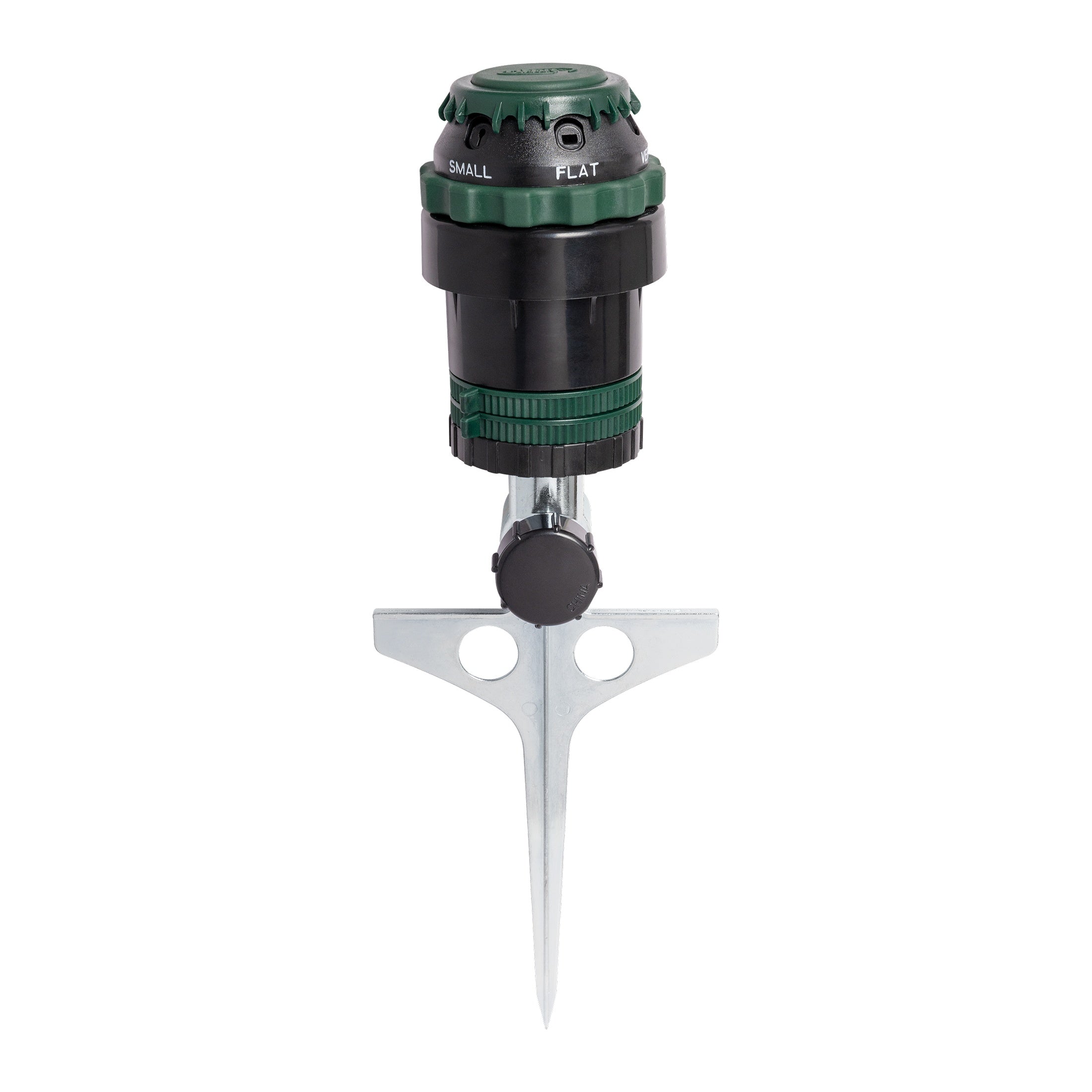 A garden hose nozzle with a silver metal ground spike, featuring a black and green adjustable head with 'SMALL' and 'FLAT' markings.