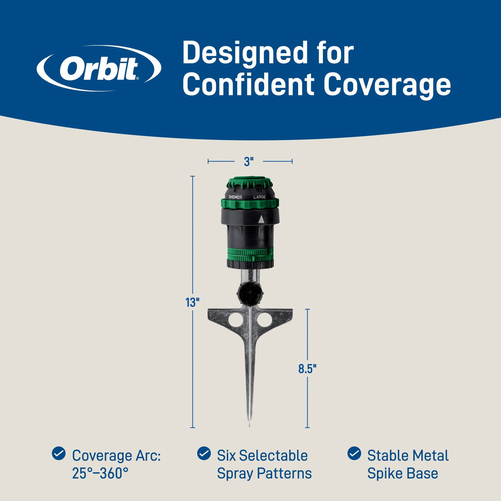 Orbit sprinkler head with spike base shown on a beige background with blue header and text. The image includes dimensions (3" top diameter, 13" overall height, 8.