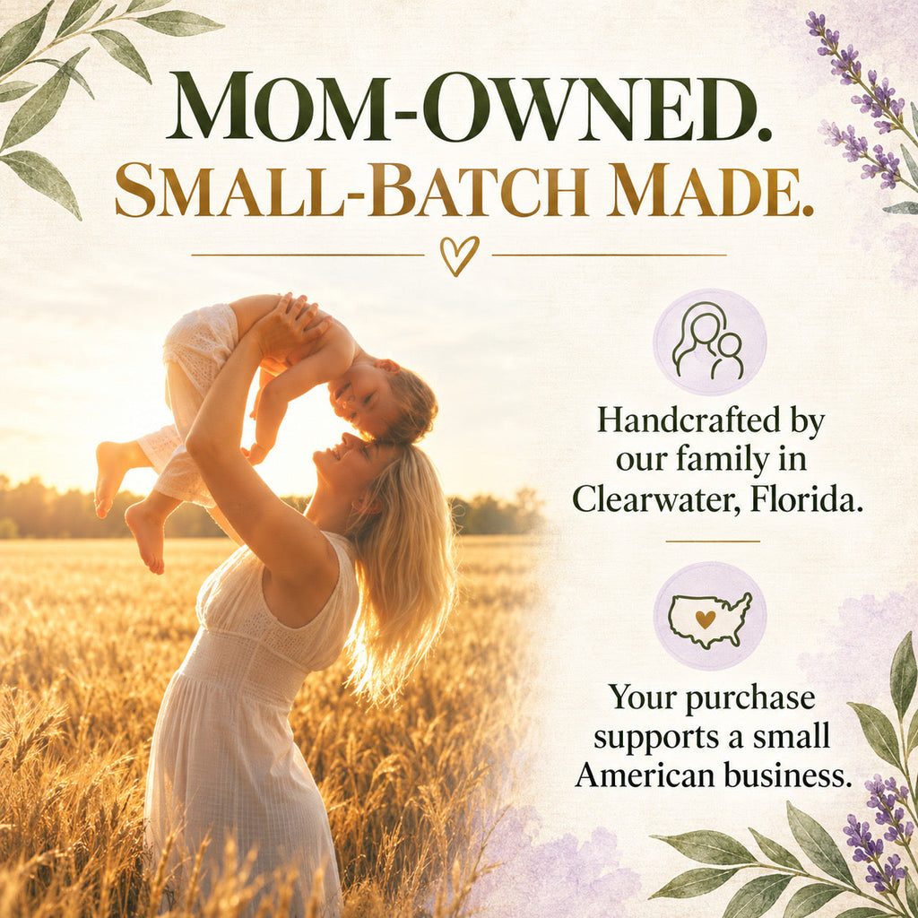 Promotional graphic for a handmade product featuring a woman in a white dress lifting a child in a sunlit field, with text reading 'MOM-OWNED. SMALL-BATCH MADE.