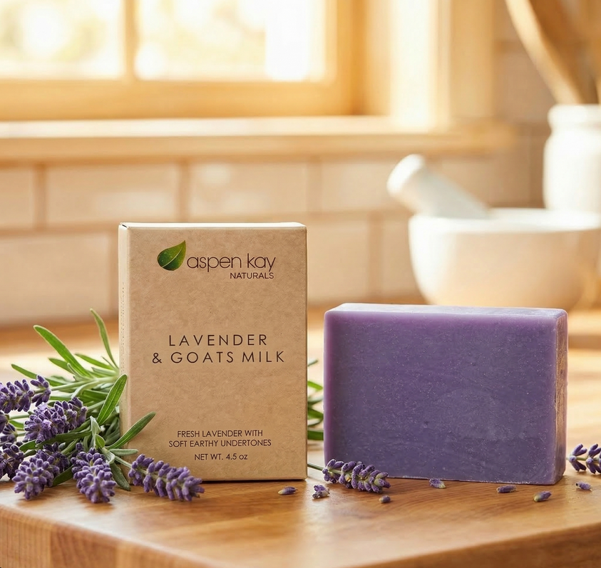 A bar of lavender and goats milk soap stands next to its kraft paper packaging box on a wooden table, styled with fresh lavender sprigs and rosemary in a warm, sunlit kitchen setting.
