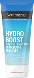 A tube of Neutrogena Hydro Boost Exfoliating Cleanser with a blue-to-light-blue gradient design and white text, shown against a plain white background.