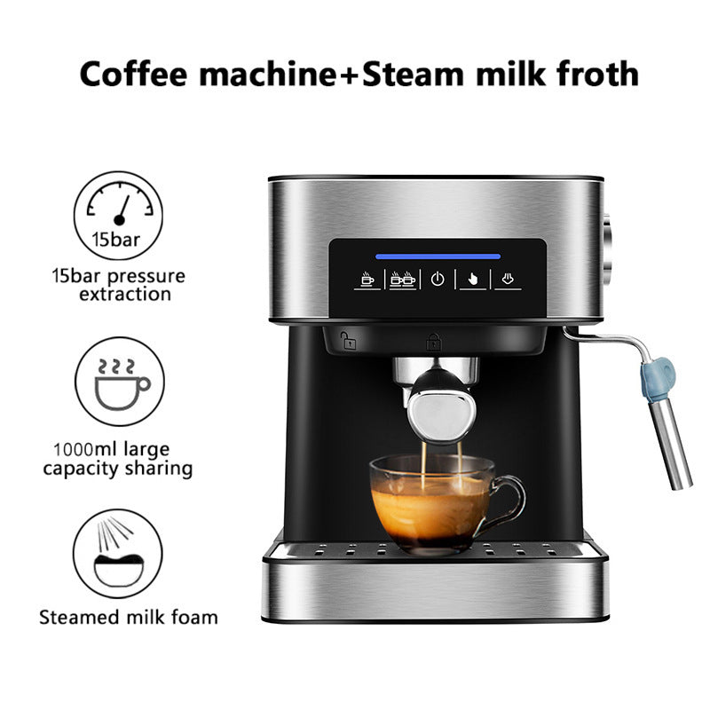 Smart home espresso machine with steam milk frother, 15-bar pressure system, touch controls, and 1-liter capacity displayed with a freshly brewed espresso on a white background.
