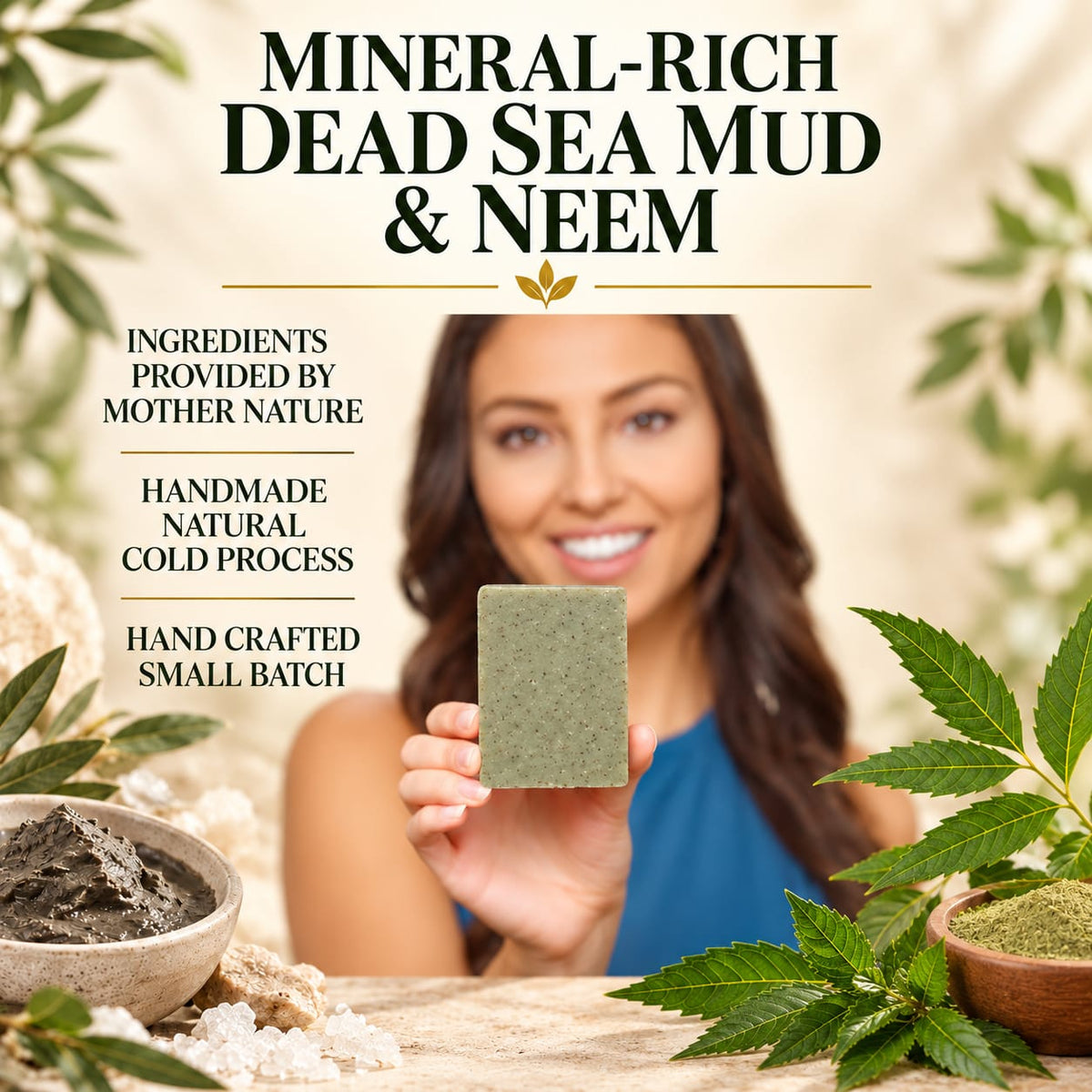 A woman holds up a rectangular green soap bar in front of a warm, natural background with text reading 'MINERAL-RICH DEAD SEA MUD & NEEM.' The scene includes bowls of dark mud, white crystals, and green leaves around the table.