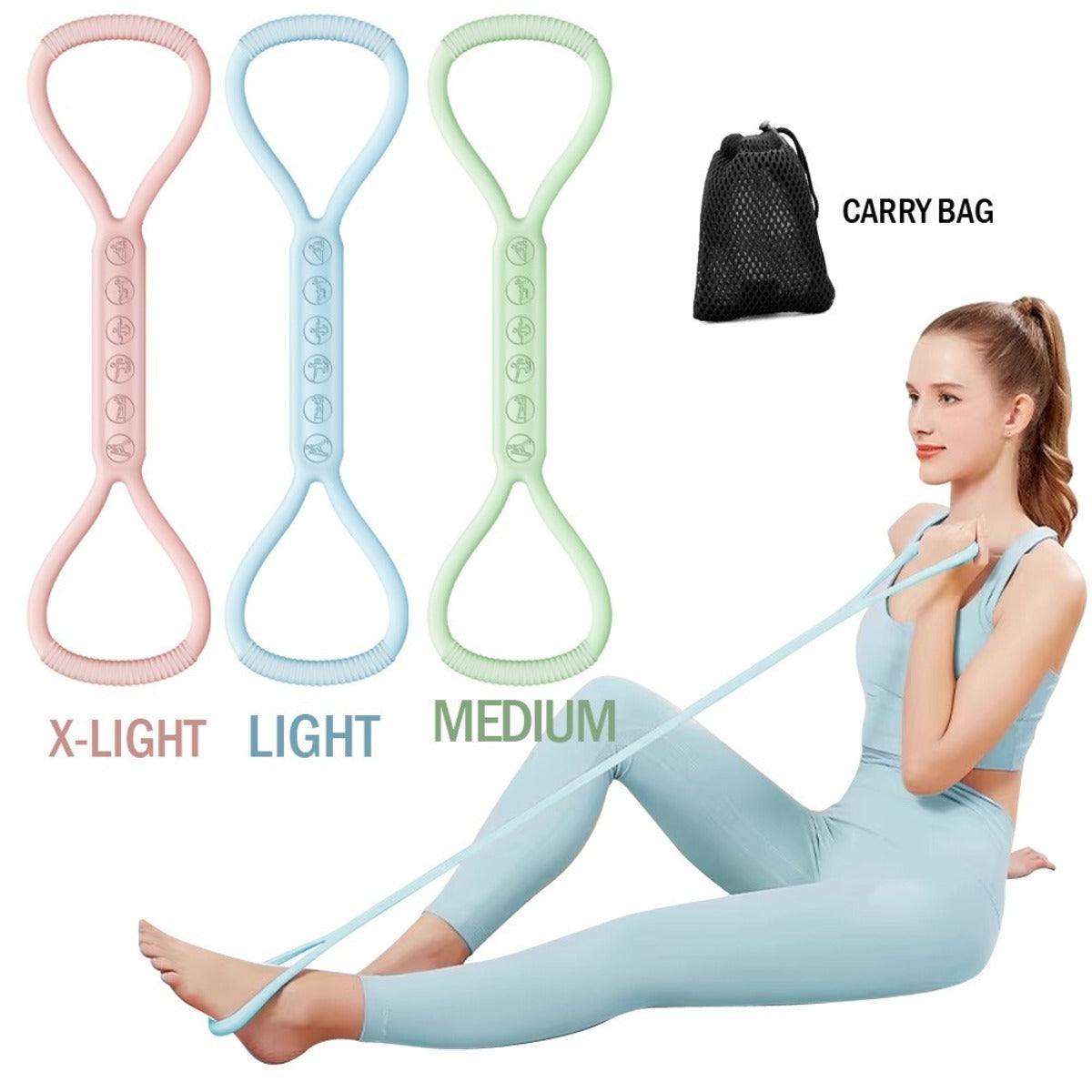Three resistance bands in different colors with a woman using a resistance band and a carry bag on a white background.