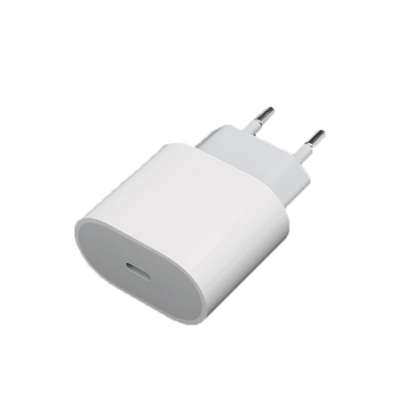 A white USB-C fast charging wall adapter with a European two-pin plug, shown on a solid white background.