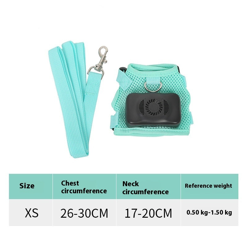 Mint green cooling dog harness and leash set with breathable mesh, built-in pet air conditioner fan, adjustable chest straps and secure D-ring. Size XS fits 26–30 cm chest, 17–20 cm neck and 0.5–1.5 kg small dogs and pets. Comfortable pet harness leash.