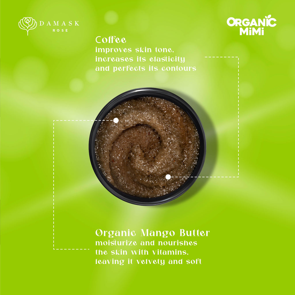 Organic Mimi Lifting Mango & Coffee Body Scrub 250g with organic mango butter, coffee, sugar and sea salt for exfoliating, moisturizing, smoothing and firming skin