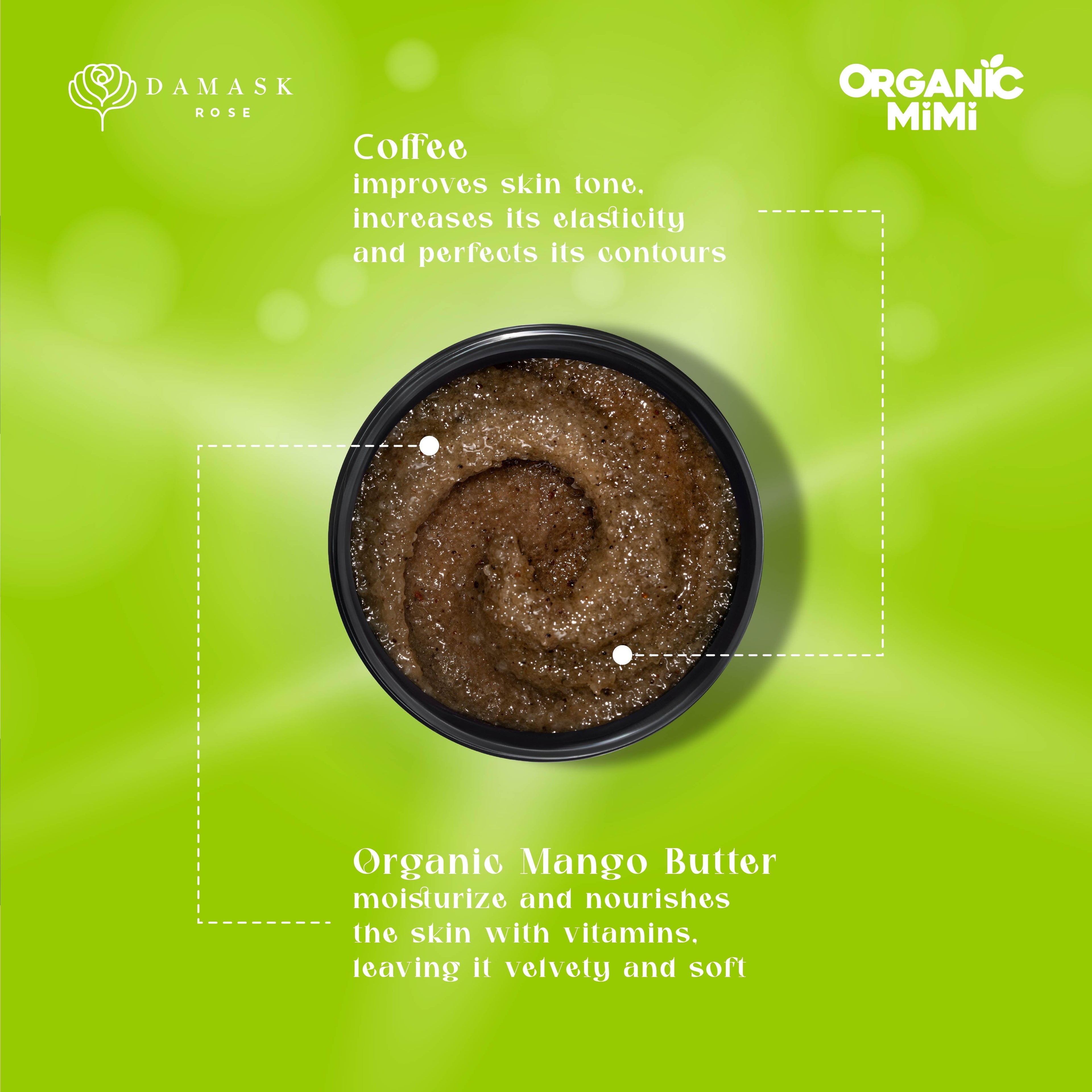 Organic Mimi Lifting Mango & Coffee Body Scrub 250g with organic mango butter, coffee, sugar and sea salt for exfoliating, moisturizing, smoothing and firming skin
