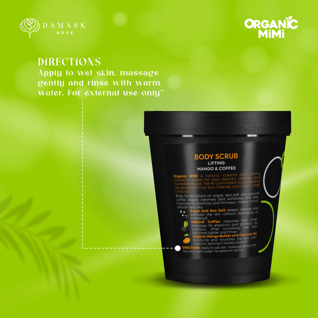 Organic Mimi Lifting Mango & Coffee Body Scrub 250g directions, natural vegan exfoliating sugar and sea salt scrub with mango butter and coffee for smooth, firm skin