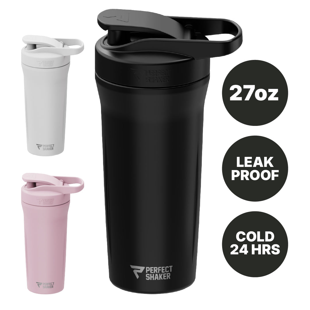 A 27oz Perfect Shaker insulated shaker bottle shown in three colors: black (main), white, and pink. The main black bottle is featured prominently in the center with three circular callout badges on the right highlighting key features: '27oz', 'LEAK PROOF', and 'COLD 24 HRS'.