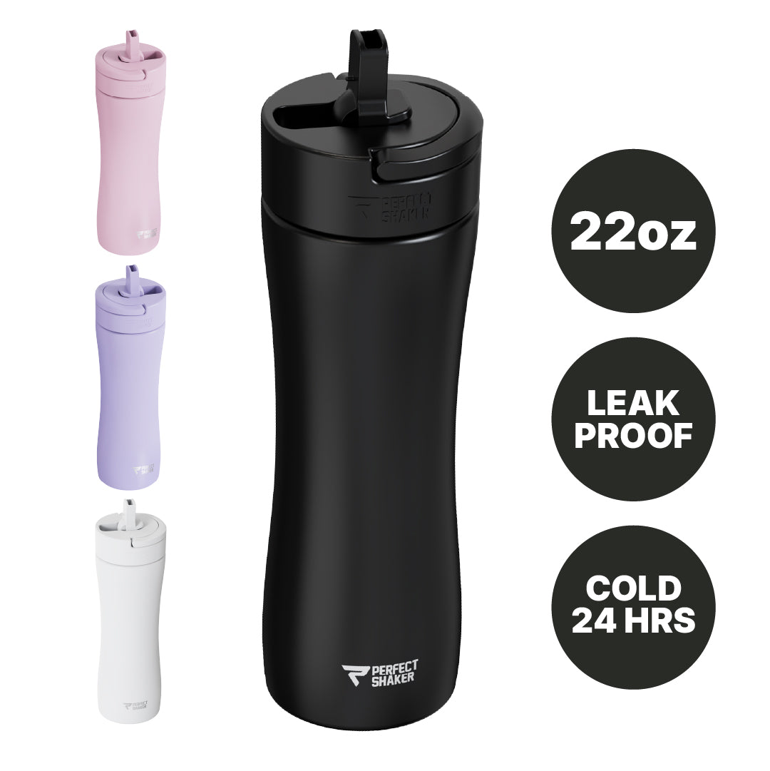 A 22oz insulated travel tumbler in matte black, shown with three smaller color variants in pink, lavender, and white on the left. Three black circular badges on the right read '22oz', 'LEAK PROOF', and 'COLD 24 HRS'.