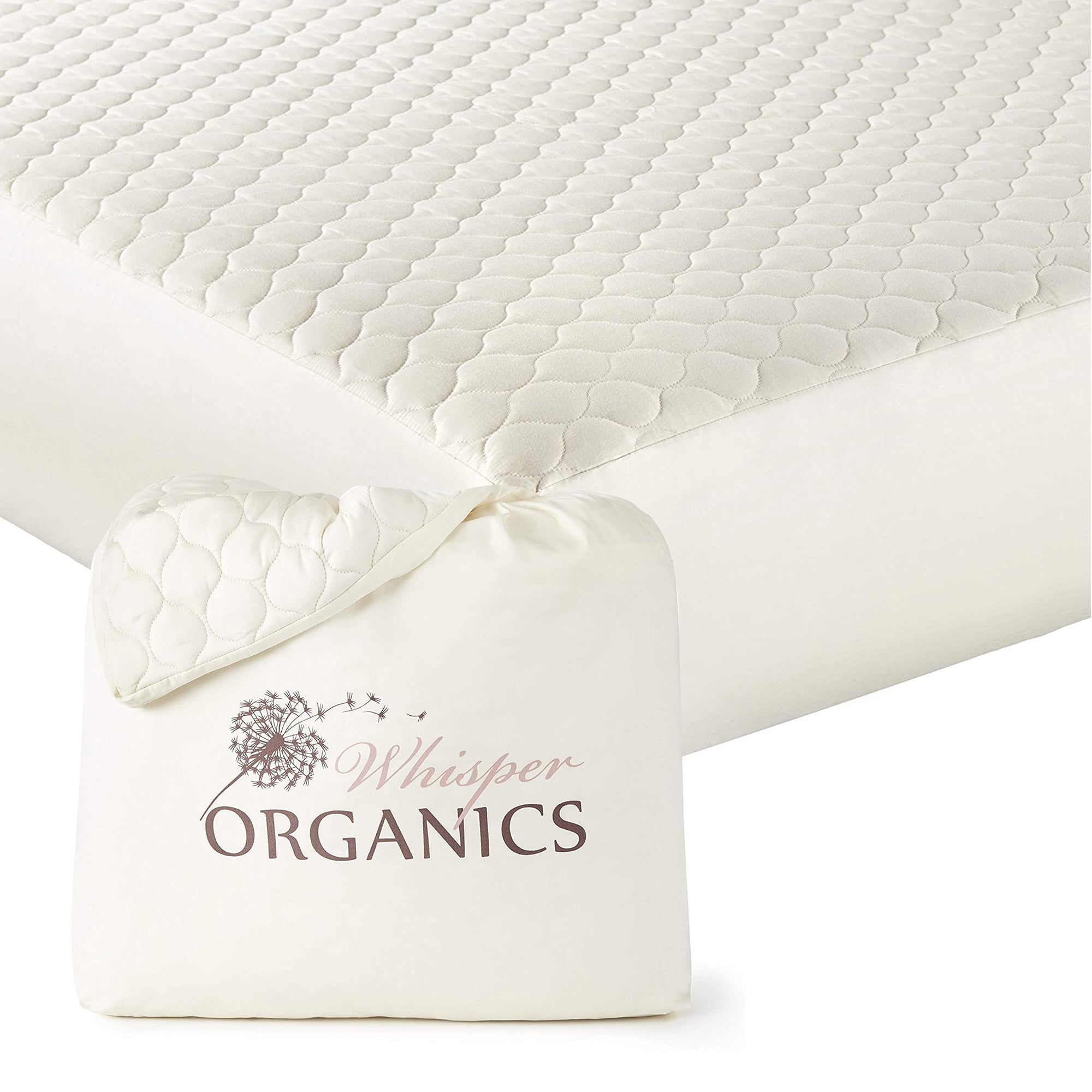 Mattress topper with Whisper Organics logo on a white background. Organic Cotton Quilted Mattress Pad Protector