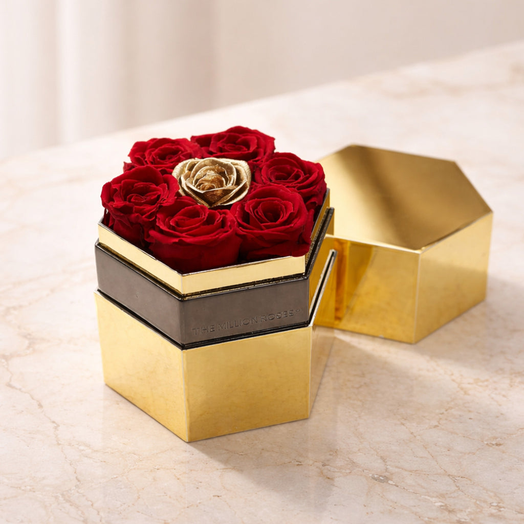 One in a Million™ Mirror Gold Hexagon Box | Red & Gold Roses
