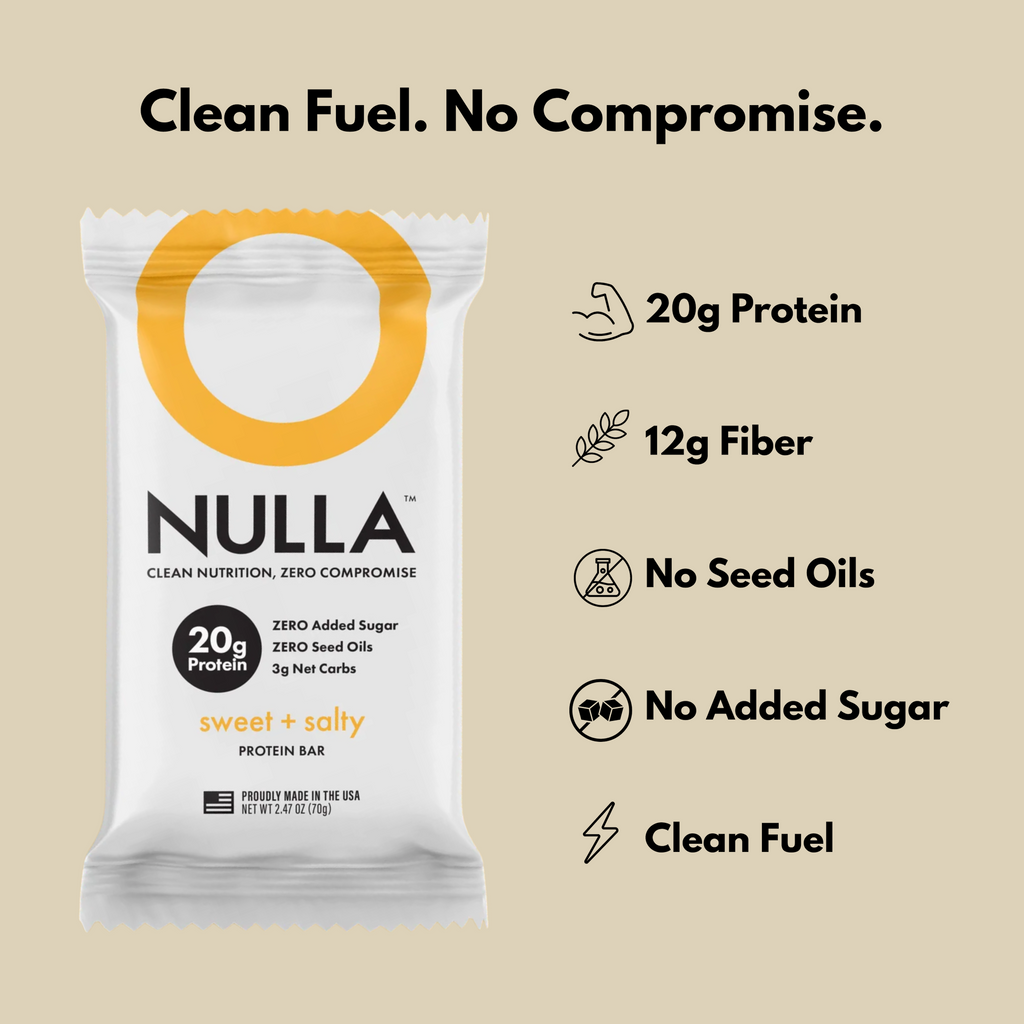 NULLA protein bar packaging with nutritional information on a beige background