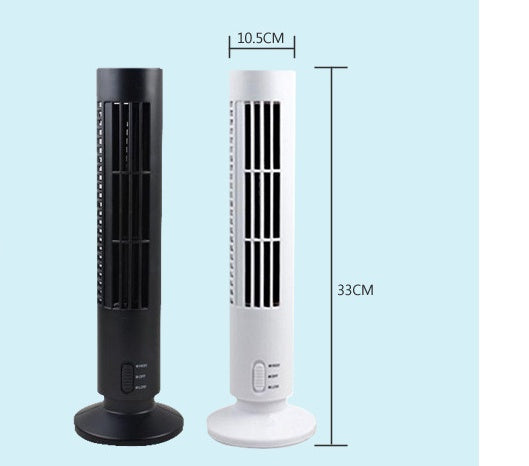 Two oscillating mini electric USB tower fans, one black and one white, with measurements on a light blue background.