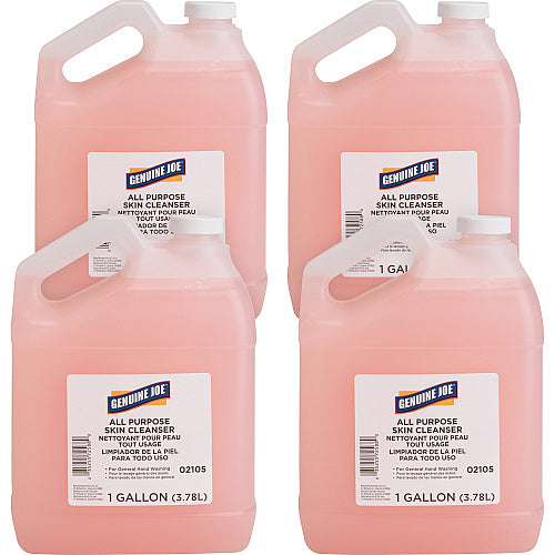 Four gallons of Genuine Joe all-purpose skin cleanser on a white background