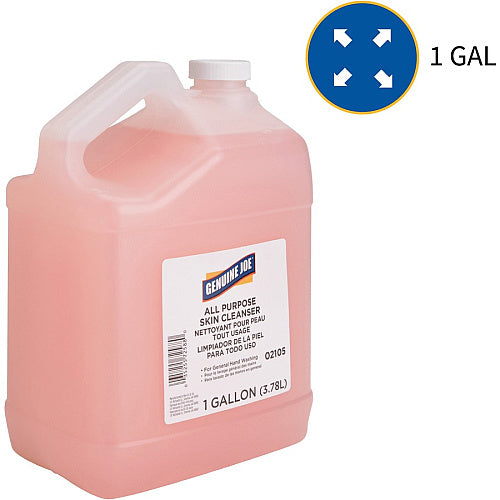 A 1-gallon plastic jug of Genuine All Purpose Skin Cleaner filled with pink liquid, shown on a white background with a blue circular '1 GAL' graphic in the top right.