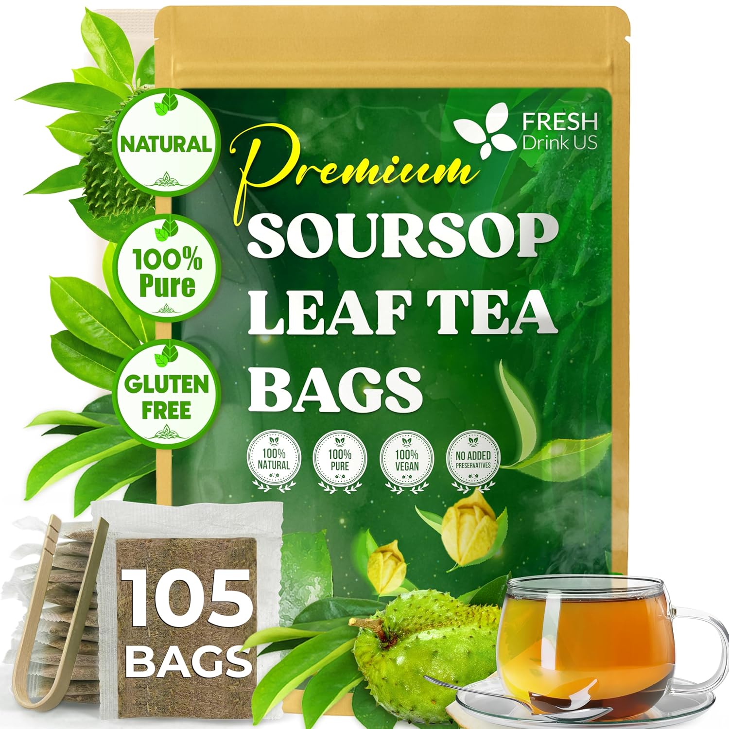 Soursop leaf tea package with tea bags and a cup of tea on a white background. Premium Soursop Leaves Tea bags, Dried Soursop Leaves, Soursop Leaf Powder, Guanabana Leaves Tea, Hoja Guanabana Tea