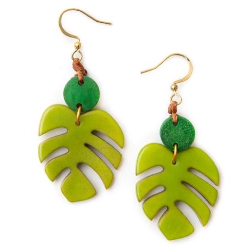 Caribbean Emerald Monstera Leaf Earrings, Green Tropical Statement Dangle Earrings with Gold-Tone Hooks, Handmade Botanical Jewelry, Nature-Inspired Eco-Friendly Fashion Accessories for Women