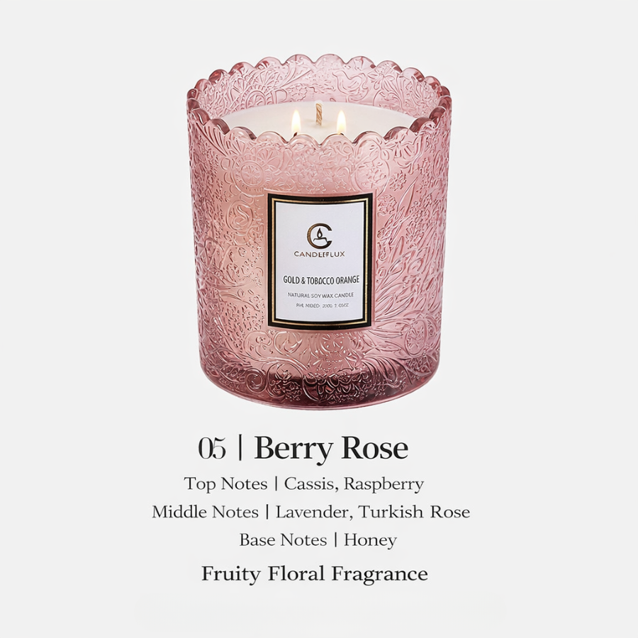 Scented Candle Cups with Embossed Glass Gift Design, Plant-Based Soy Wax Scented Candles with Low-Smoke Performance, Elegant Home Fragrance Candles for Wholesale Valentine’s Day Decor & Gift Use