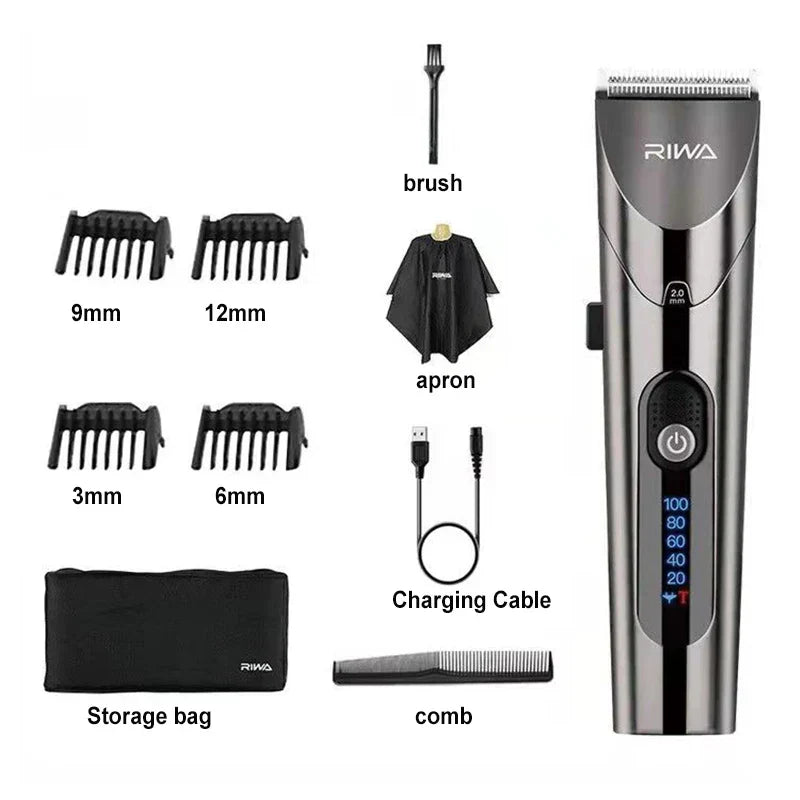 RIWA rechargeable variable speed electric hair clipper and barber trimmer set with 3mm, 6mm, 9mm and 12mm guide combs, brush, comb, apron, charging cable and storage bag.