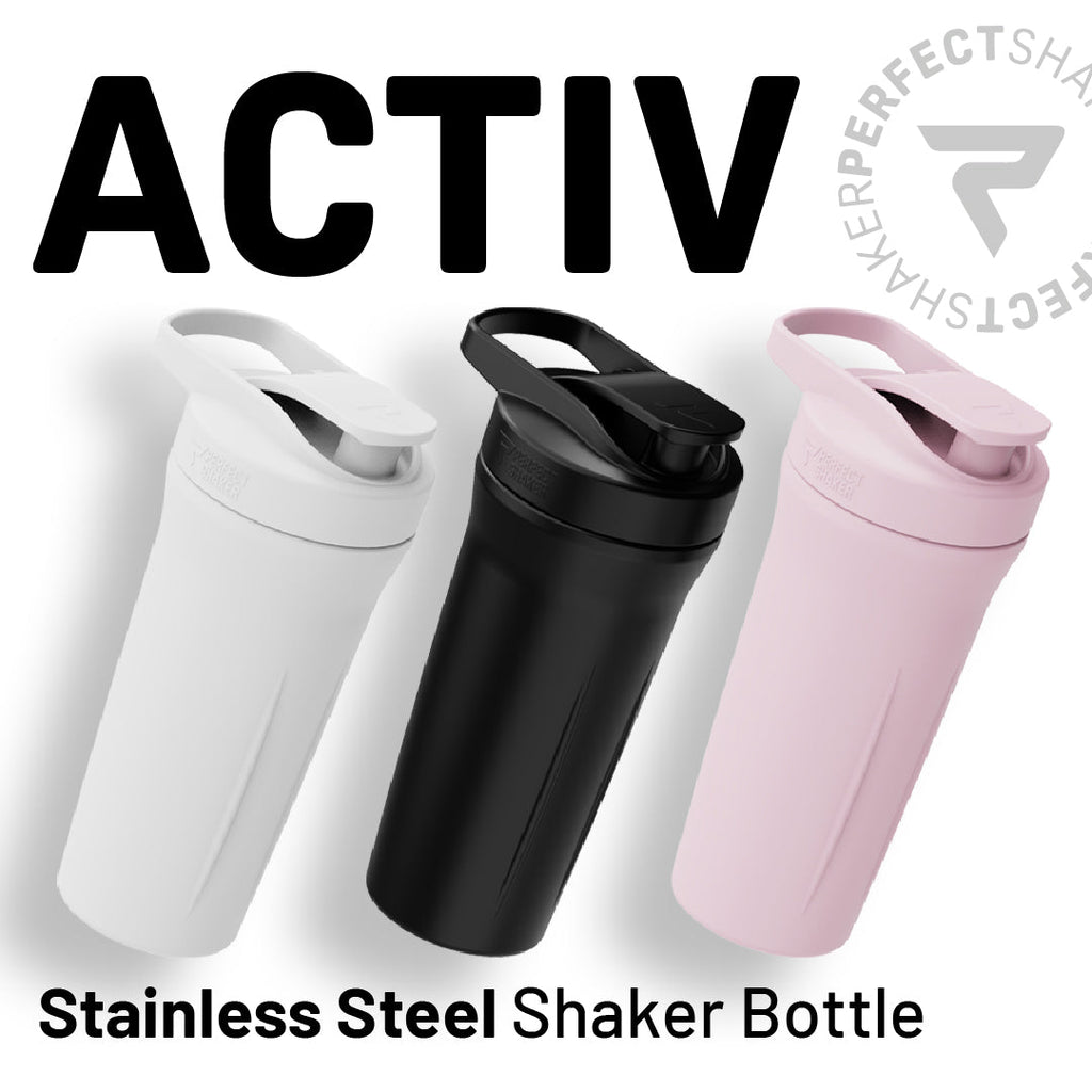 Three stainless steel shaker bottles in white, black, and light pink are shown against a white background with large black text reading 'ACTIV' and 'Stainless Steel Shaker Bottle.' A circular 'PERFECTSHAKE' logo appears in the top right.