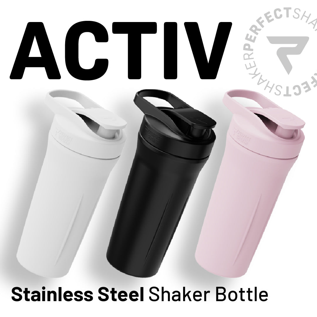 Three stainless steel shaker bottles in white, black, and light pink are shown against a white background with large black text reading 'ACTIV' and 'Stainless Steel Shaker Bottle.' A circular 'PERFECTSHAKE' logo appears in the top right.