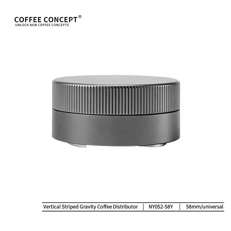 Vertical striped stainless steel gravity espresso distributor and self-leveling coffee tool, 58mm universal barista accessory by Coffee Concept on white background