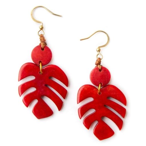 Caribbean Emerald red Monstera leaf dangle earrings made from sustainable vegetable ivory with gold-tone hooks, hypoallergenic tropical statement jewelry for women