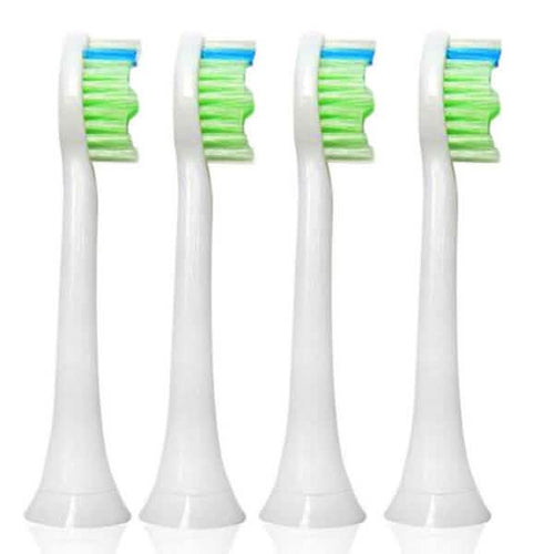 Four replacement toothbrush heads arranged in a row on a white background, featuring white handles and bristles with green, white, and blue coloring.