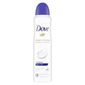 A white can of Dove Advanced Care Dry Spray with a purple cap, shown on a plain white background.