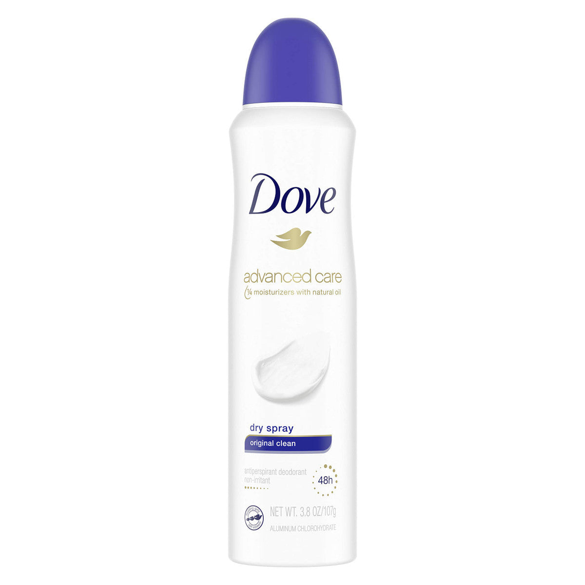 A white can of Dove Advanced Care Dry Spray with a purple cap, shown on a plain white background.