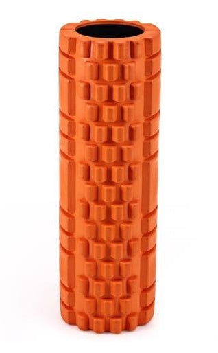 Orange foam roller with textured surface on a white background