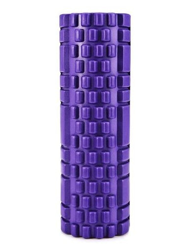 Purple foam roller with a textured surface on a white background