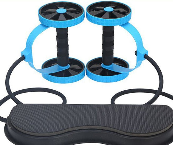 Blue and black exercise device with handles and a platform on a white background