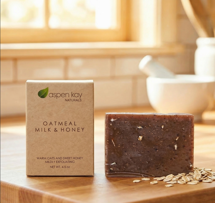 A bar of oatmeal milk and honey exfoliating soap stands next to its kraft paper packaging box on a wooden surface, with scattered oats and a softly blurred kitchen background.