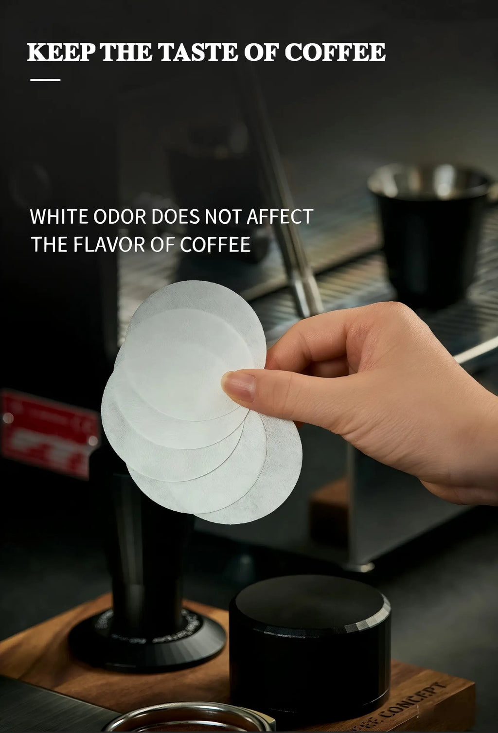 Espresso puck screen filter paper for 51/53/58mm portafilter baskets, disposable coffee filters for cleaner espresso extraction, reduced coffee grounds buildup and easy basket cleanup.