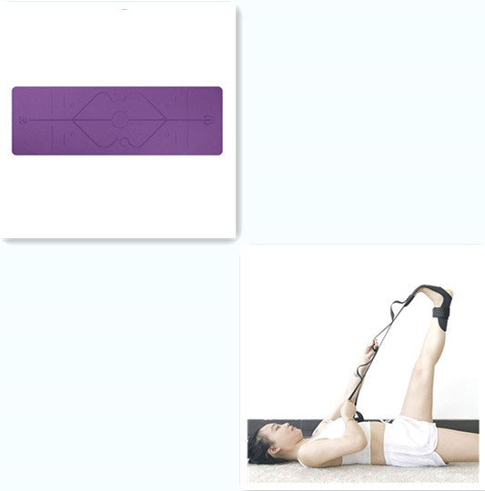 Purple yoga mat with a woman using a Pilates ring on a white background