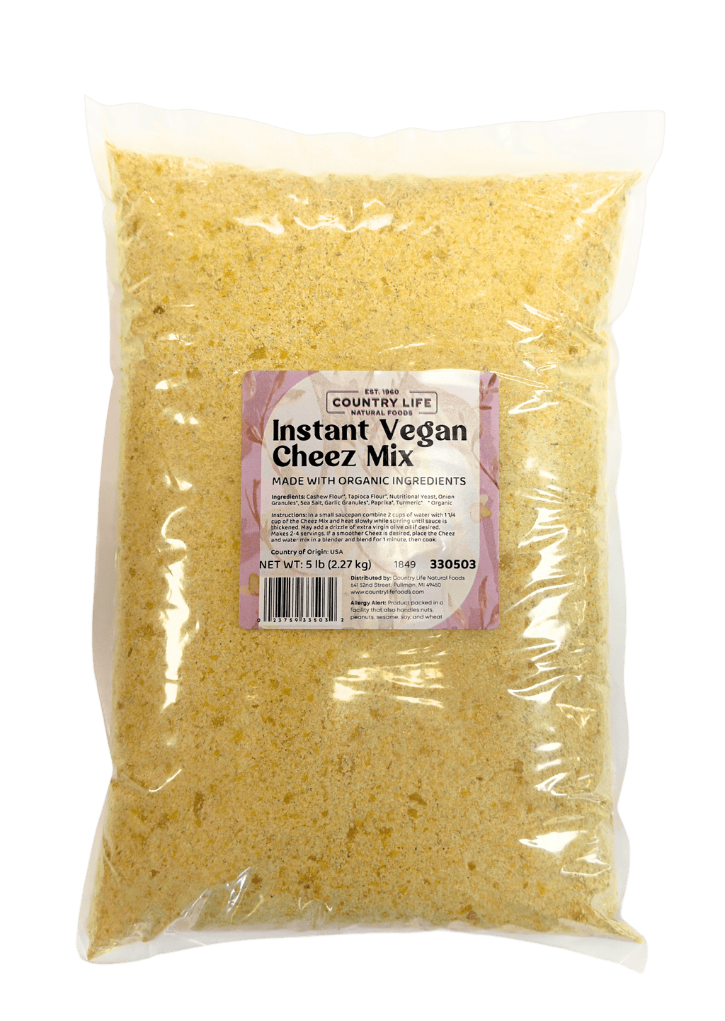 Instant Vegan Cheez Mix in a bulk clear bag with organic ingredients label, dairy-free plant-based cheese alternative for mac and cheese, nachos, sauces, and vegan cooking. Veggie chip dip