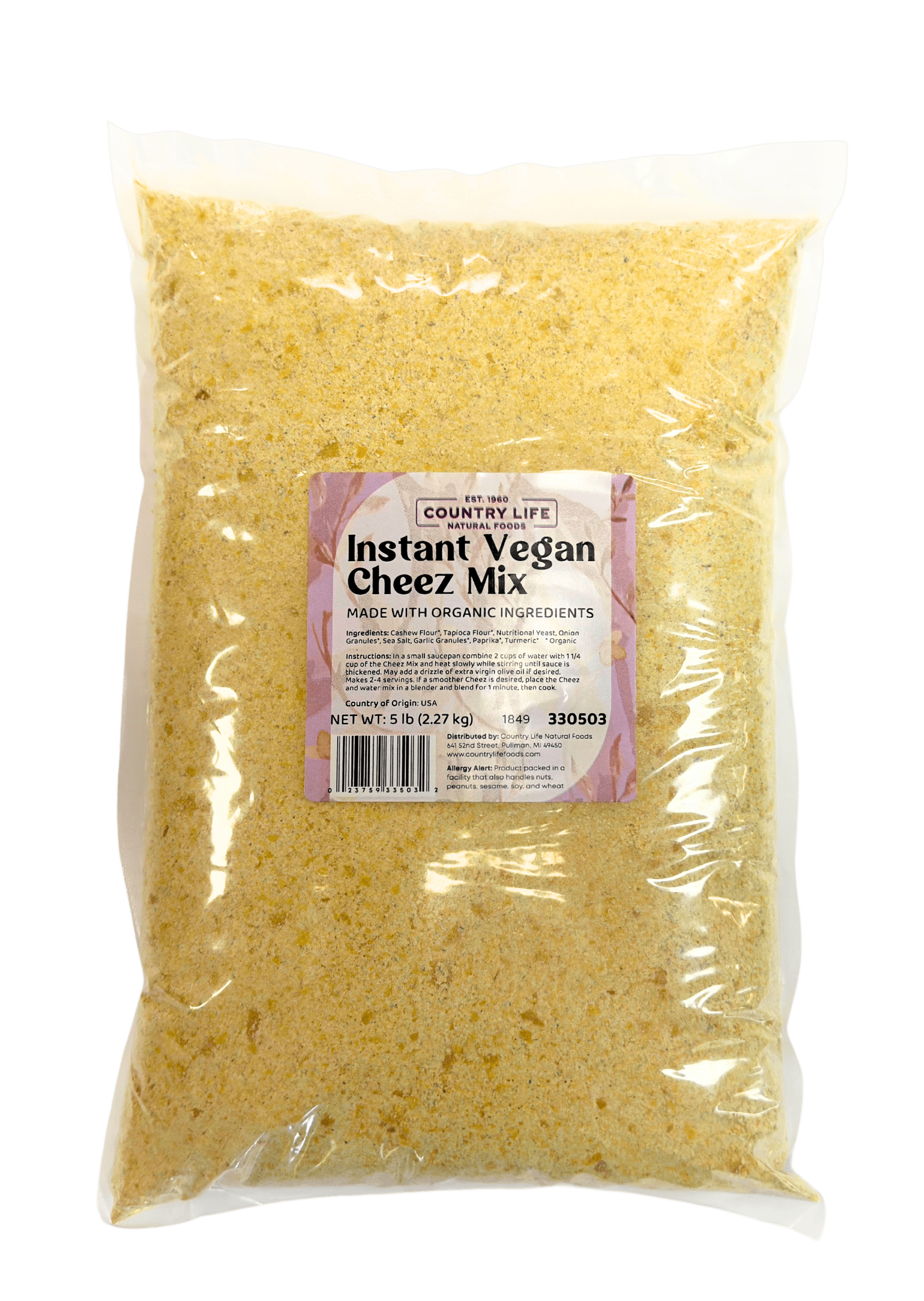 Instant Vegan Cheez Mix in a bulk clear bag with organic ingredients label, dairy-free plant-based cheese alternative for mac and cheese, nachos, sauces, and vegan cooking. Veggie chip dip