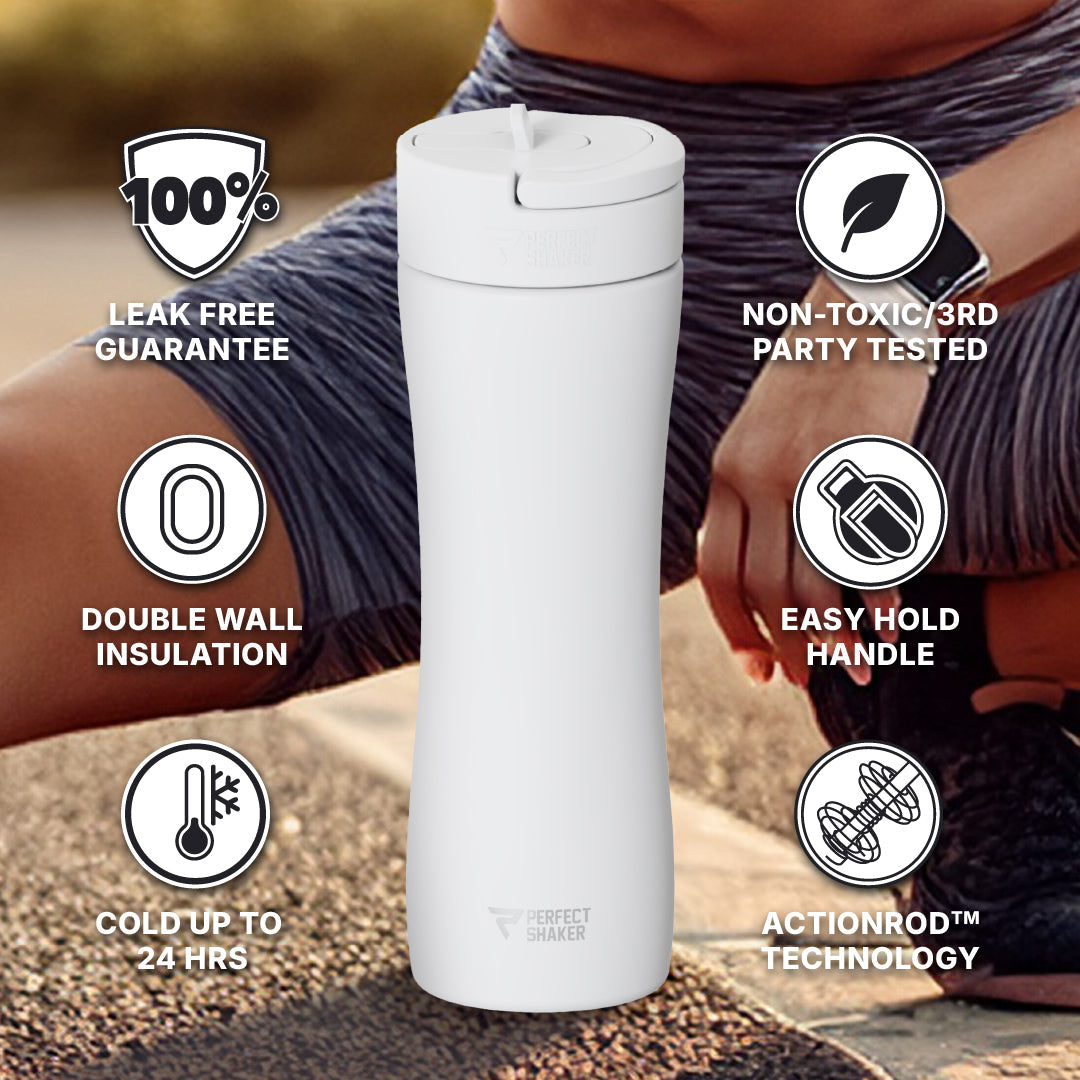 A tall white insulated tumbler with a flip-top lid is centered over a cropped person wearing dark athletic shorts, surrounded by feature callout icons and text including '100% Leak Free Guarantee,' 'Double Wall Insulation,' 'Cold Up to 24 Hrs,' and 'Actionrod Technology.'.