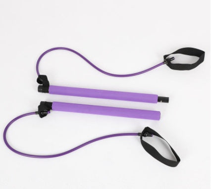 Purple resistance bands with black handles on a white background