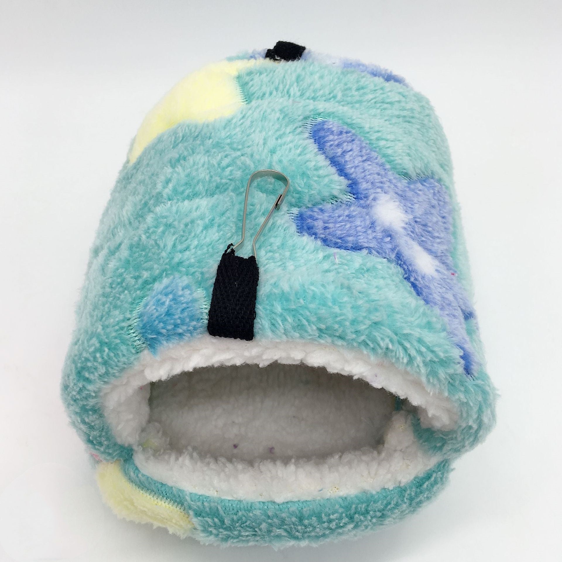 Soft plush hanging hamster sleeping bag nest with dragonfly pattern, warm fleece-lined hideaway for hamsters, mice, gerbils, and other small pets.
