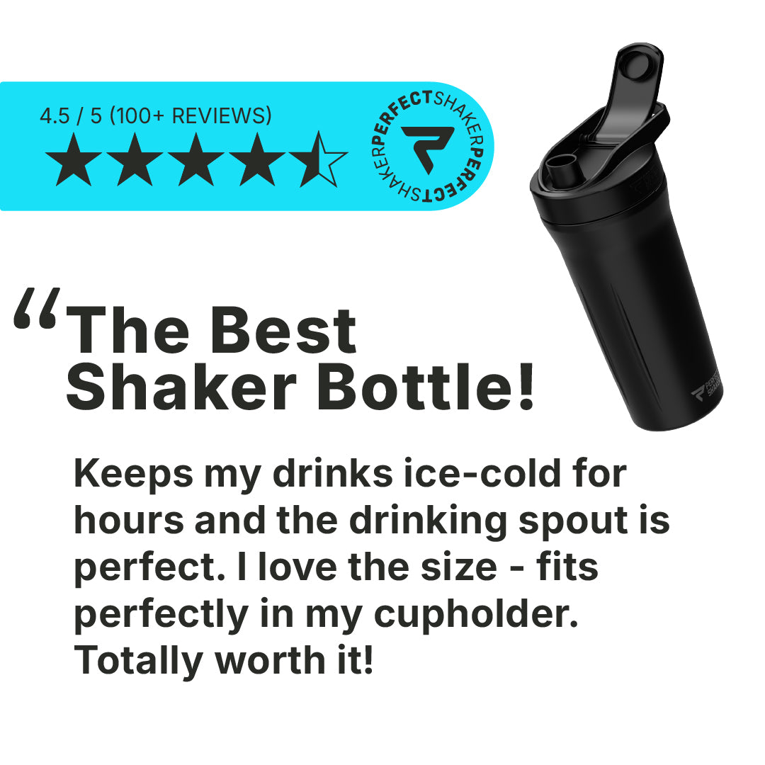 A black shaker bottle with a flip-top lid shown on a white background, alongside a blue review badge reading 4.5/5 with 100+ reviews and a customer quote calling it 'The Best Shaker Bottle!'.
